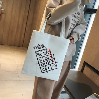 

Think Outside The Box Canvas Bag Women Girls Simple Large Capacity Storage Handbag Shoulder Bag Tote Reusable Student Bookbag