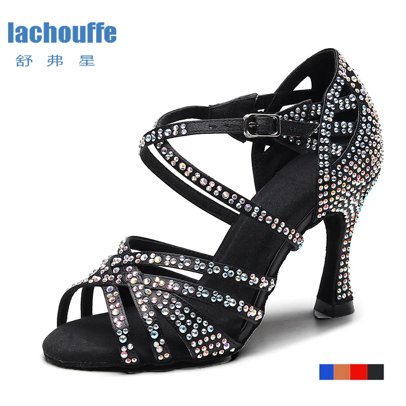 Zapatos de baile Latino para mujer, calzado de baile Latino con diamantes de imitación en rojo, negro, azul y marrón