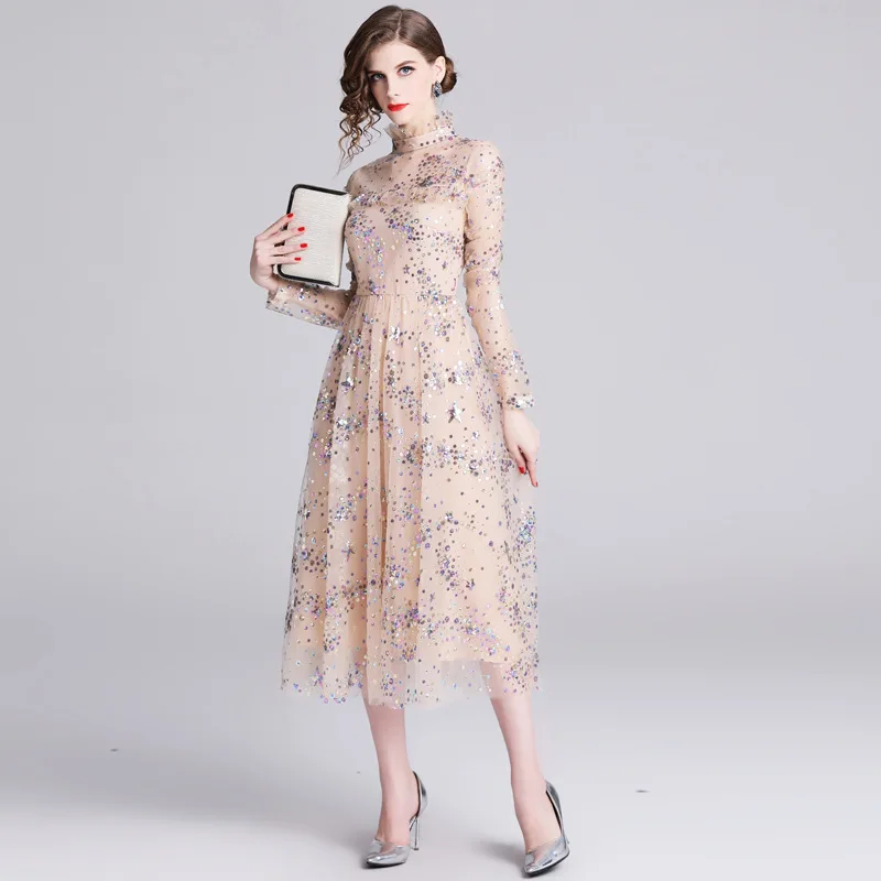 

6509-Photo Shoot 2019 New Style Women's Stand Collar Flounced Long Sleeve Slim Fit Mesh Dress