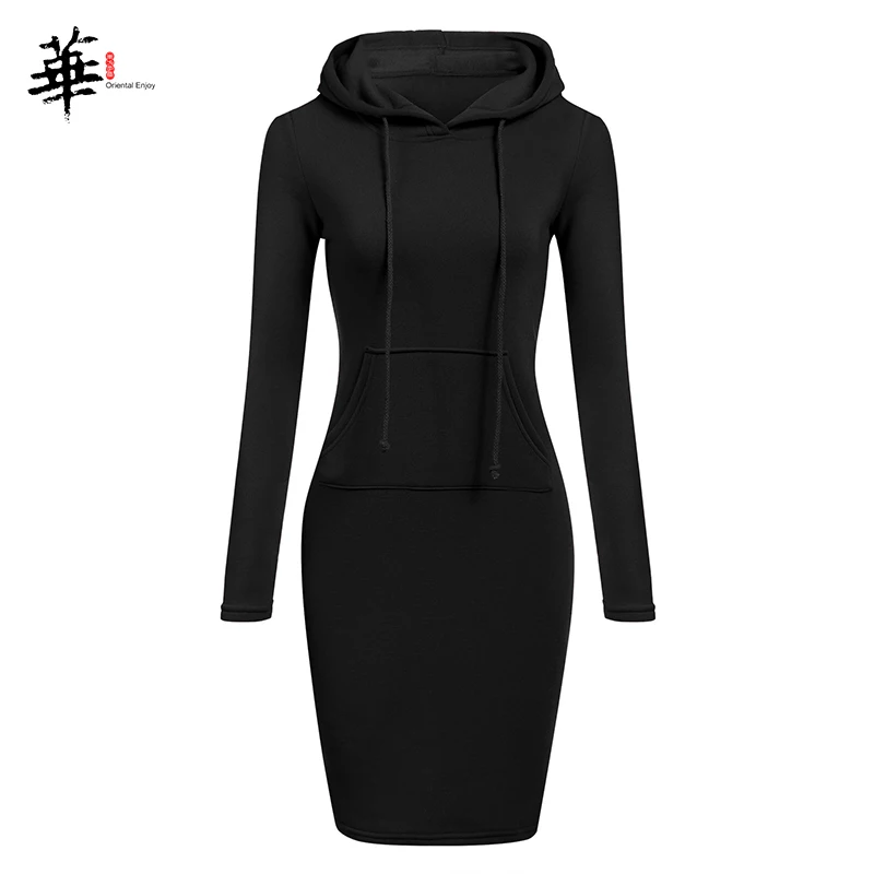 Black Модные Флисовые женские платья с капюшоном и длинным рукавом, осенне-зимнее платье, Дамское Платье с капюшоном, толстовка, Vestido - Цвет: Black