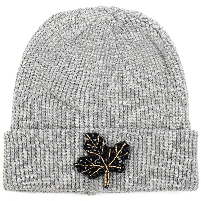Geebro, кашемировая шапочка для взрослых, аксессуары с кленовыми листьями, осенне-зимняя теплая шапка с манжетой, взрослые шапочки, шапка с черепом - Цвет: black light gray