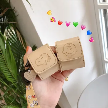 

For Airpods 1 2 pro Leather Earphone Case Snoopy Cute cartoon Soft Headphone Coque Cover protective Charging Dustguard Hook