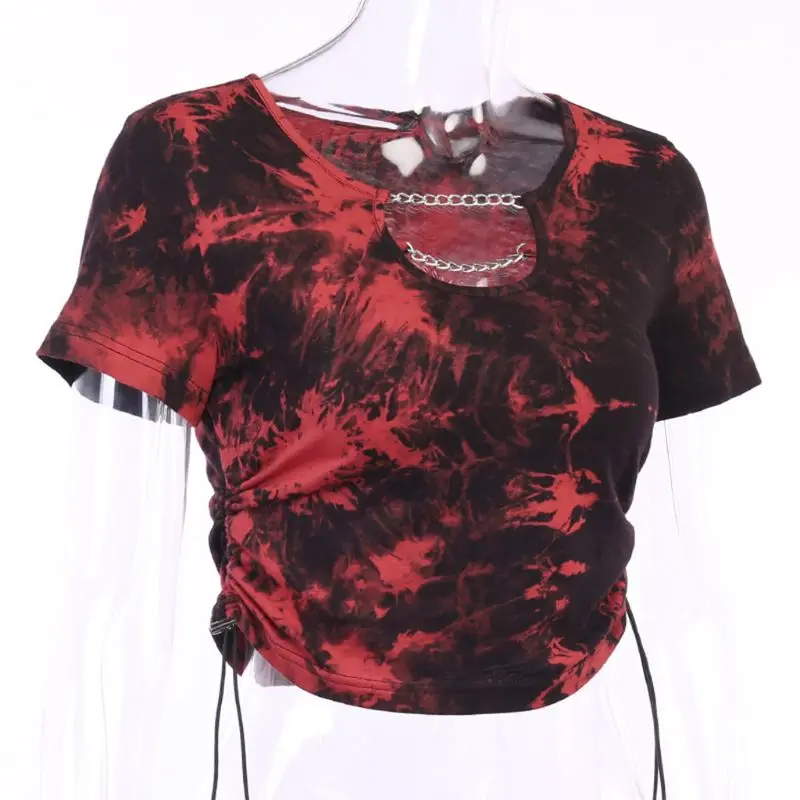 T-Shirt Crop-Top Chain-Side Tie-Dye Drawstring Streetwear Metal Print Contrast-Color