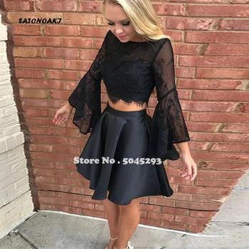 

Two Pieces Short Prom Dress Black Long Sleeves Lace Beaded Homecoming Backless Mini Cocktail Party Gowns Online Shop Undefined