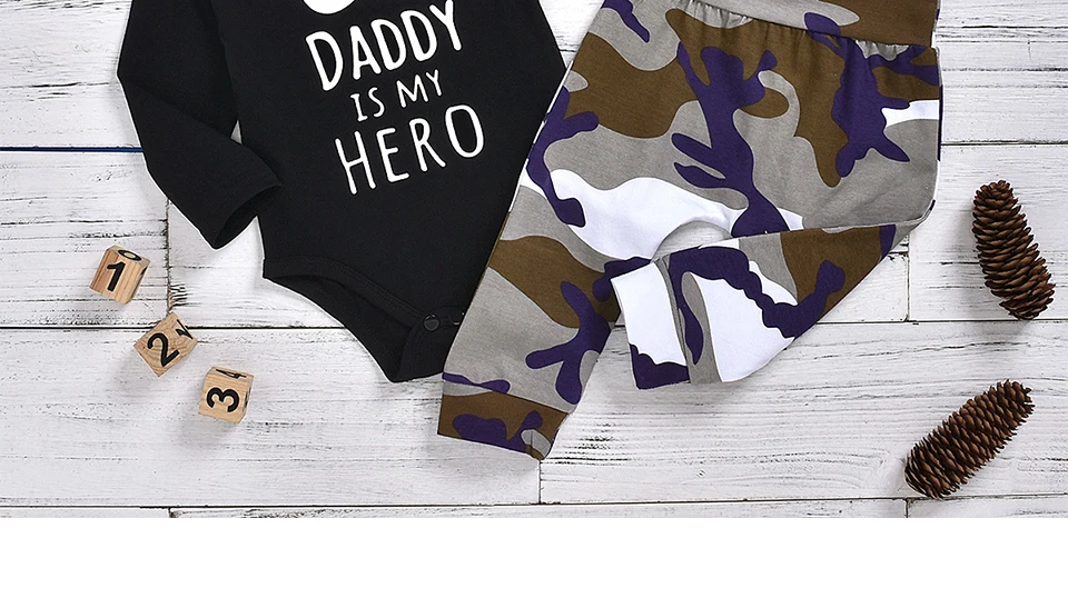 Комплект одежды для новорожденных мальчиков с надписью «Daddy is my Hero» черный комбинезон, топы, камуфляжные штаны шапка, Одежда для младенцев Одежда для мальчиков