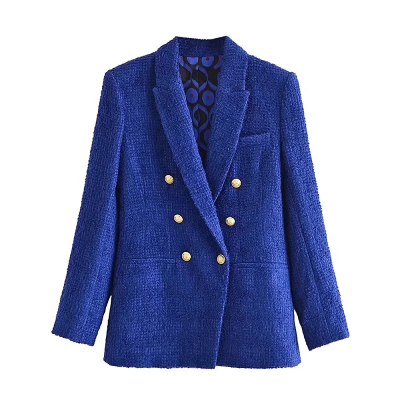 white short suit set TRAF Blue Pink Blazer Women Double Breasted Long Sleeve Jacket Woman Winter 2021 Fitted Coat Tweed Elegant Female Blazer womens suit set Suits & Blazers