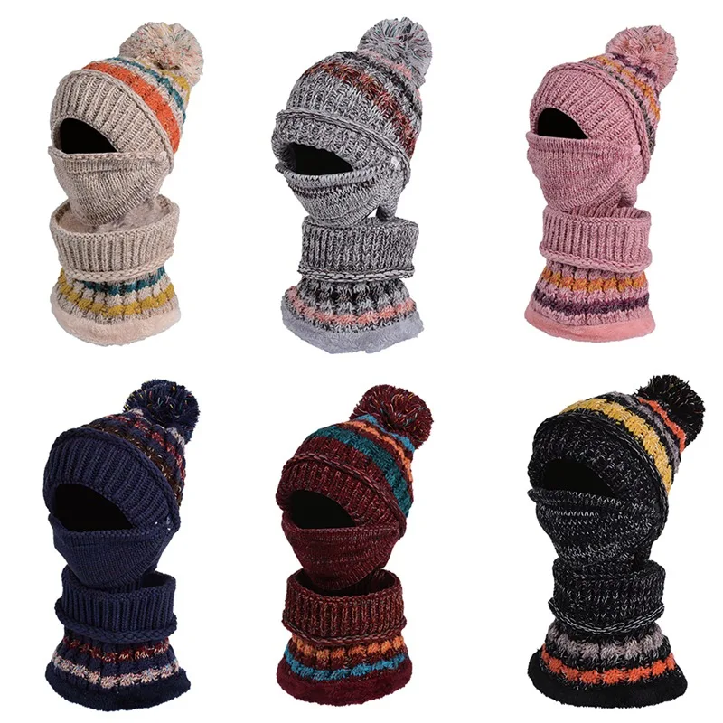 Beanie Hat Scarf Face Mask Set Thick Patchwork Detachable Knitted Cap Neck Warmer Headwear For Winter Outdoor