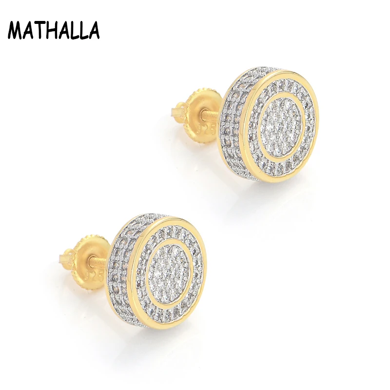 

MATHALLA Hip Hop Rock Jewelry Earrings Gold High Quality Cold Micropavé CZ Stone Stud Earrings with Screw Back Men's Women's
