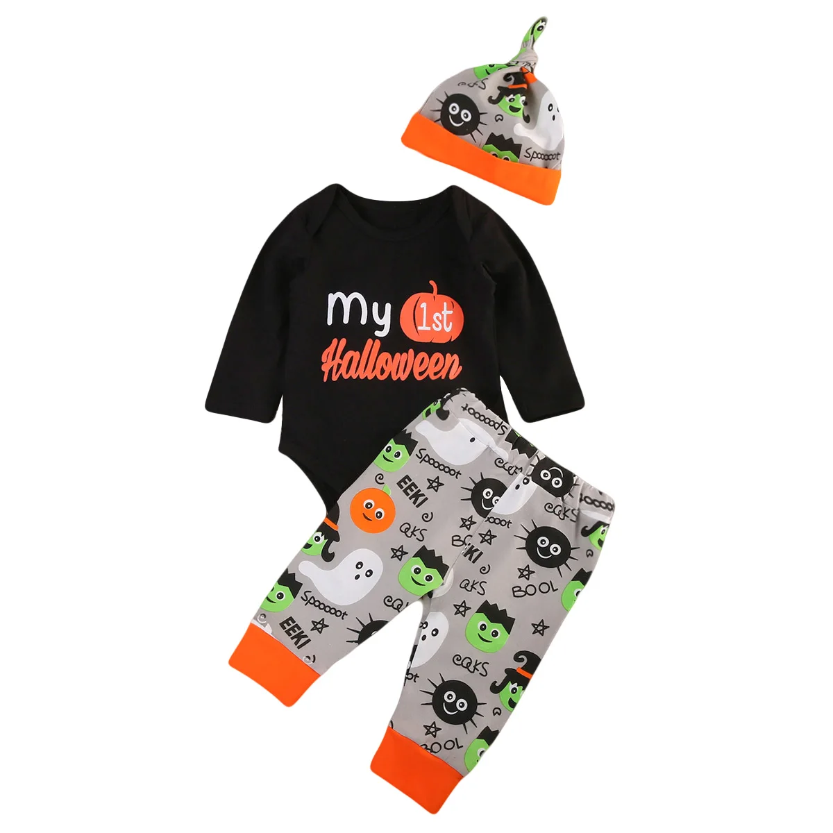 

Infant Baby Boys Baby Girls Clothes Long Sleeve Halloween Casual Popular Cotton O-neck Romper Tops+Pants Hat Outfit Set