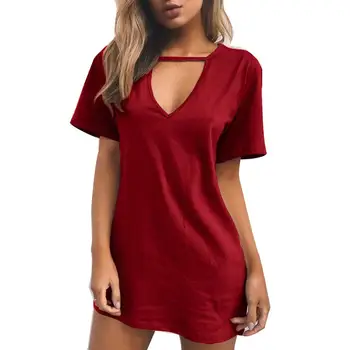 

Fashion Women Solid Color Sexy V Neck Short Sleeve Casual Loose T-shirt Dress