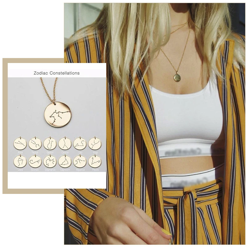 Chic Zodiac Coin Necklaces for Women Fashion 12 Constellation Symbol Engraved Lady Candid Jewelry Elegant Party Accessory Gift | Украшения