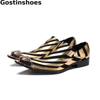 

Fashion Golden Stripes Men Shoes Genuine Leather Pointed Metal Captoe Men Casual Leather Shoes Slip On Leisure Shoes Oxfords