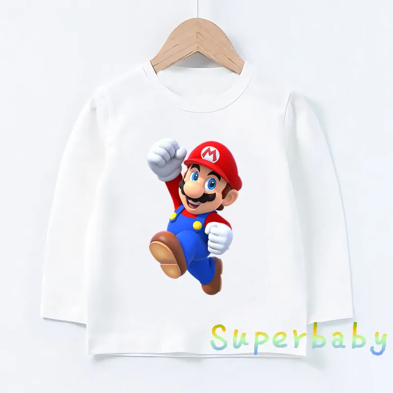 Детская футболка с принтом из игры «Super Mario Bros» Забавные топы с рисунками для маленьких мальчиков и девочек, детская футболка с длинными рукавами LKP5185