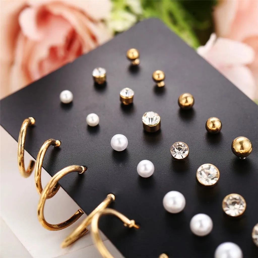 Women Alloy Faux Pearls Circle Hoop Earrings 20 Pairs Of Set For Ladies Vintage Steampunk Shiny Earrings Ear Party Club Jewelry