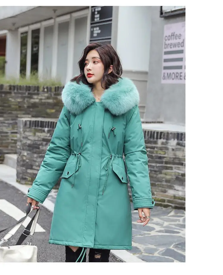 Осень и Новинка зимы пуховая куртка Женская Корейская версия из длинная куртка с секциями свободные, подчеркивающие фигуру, с завышенной талией, Пальто с искусственным мехом - Цвет: Зеленый
