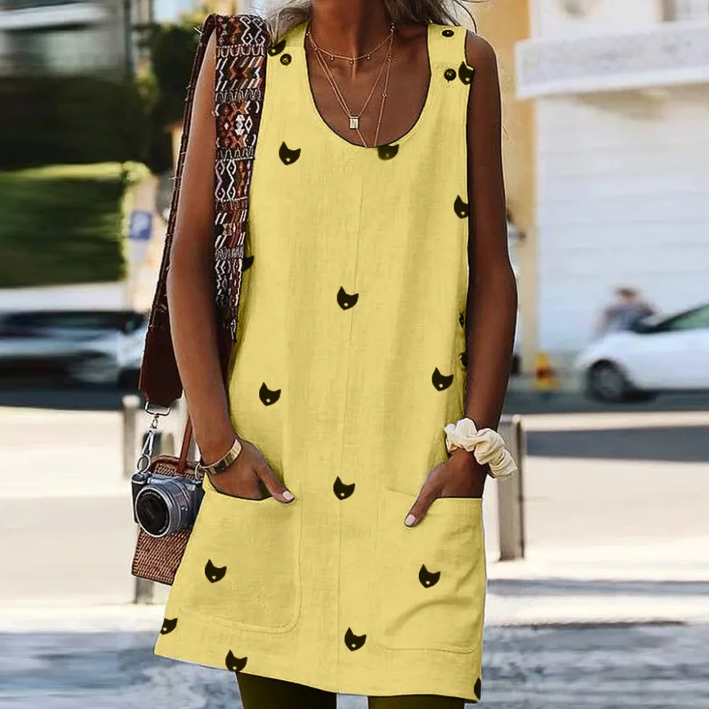 Платье для женщин, летнее платье, новинка, Boho vestidos mujer, с карманами, Vestido, сарафан, сексуальные платья, с рисунком кота, вырез лодочкой, женское платье