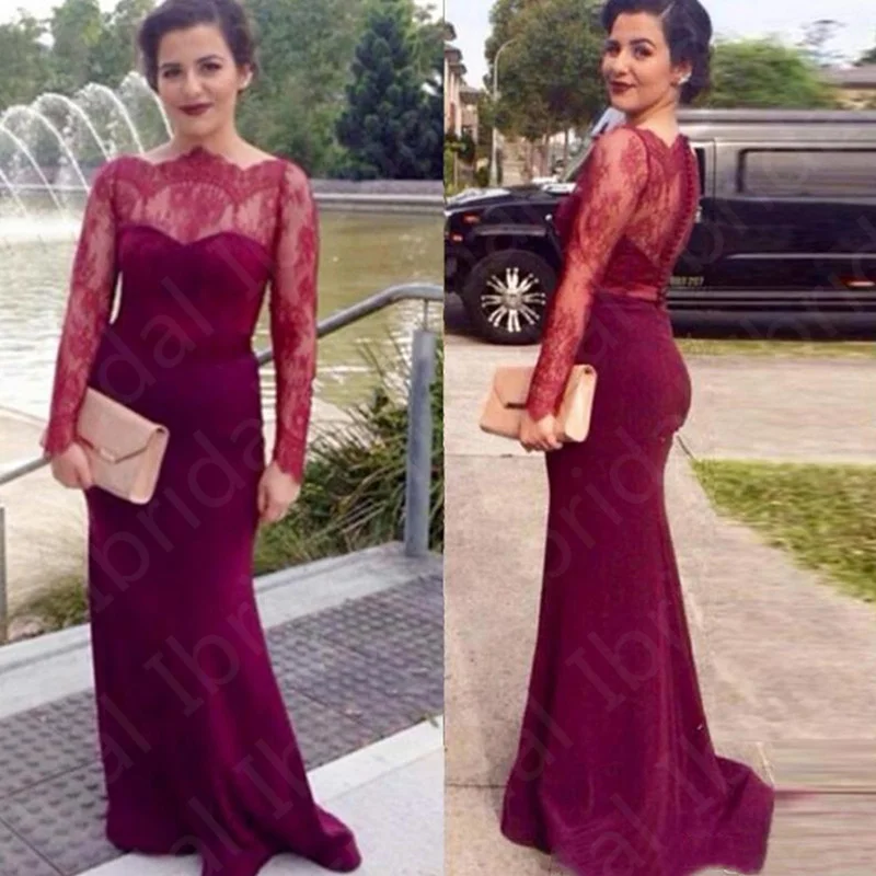 

New Graceful Burgundy Mother of the Bride Dresses Long Sleeves Lace Wedding Party Mermaid Dress 2021 On Sale