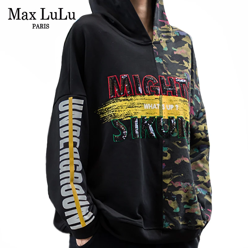 Max LuLu Роскошные Осенние корейский стиль Женская одежда в стиле панк женские камуфляжные Толстовки с капюшоном Повседневное печатных свитшоты с пайетками