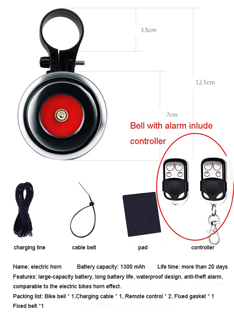 Electric Bicycle Bell Alarm Waterproof with Remote Control Anti-Theft Vibration Alarm Bicycle Horn with Rechargeable USB Function