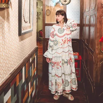 

Bohemian Style Women Floral Long Dress Flare Sleeve Ankle-Length Pleated Swing A-line Vintage Dress Female Long Robes Vestidos