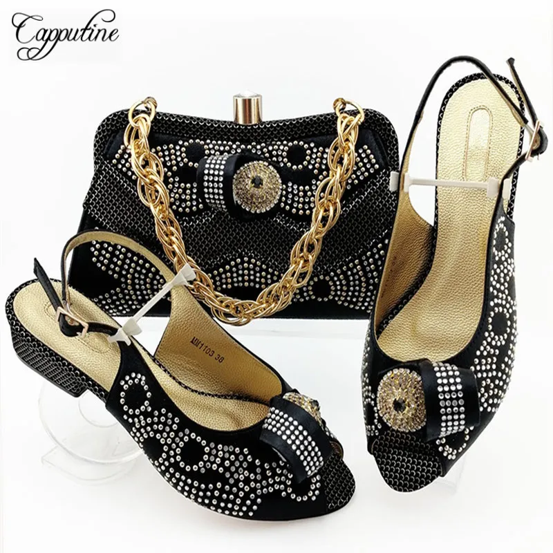 Лидер продаж; женские черные стразы; комплект из обуви и сумки в нигерийском стиле; элегантные вечерние туфли на низком каблуке и сумочка в комплекте