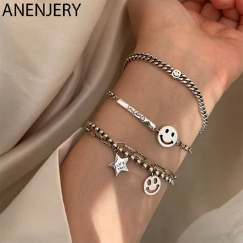 

ANENJERY Hot Fashion Vintage Smiling Face Charms Bracelet for Women Handmade Thai Silver Color Bracelet With S925 Stamp S-B394