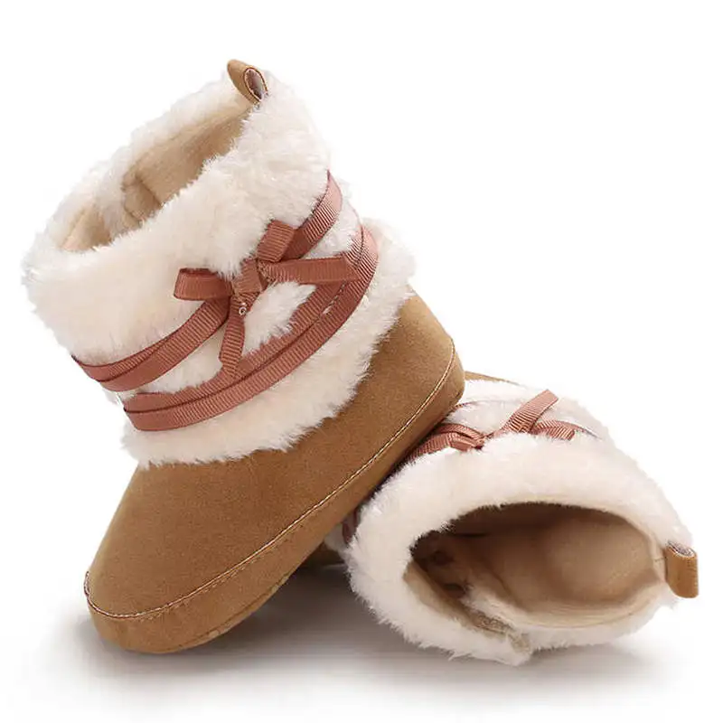 Зимние розовые теплые пушистые От 0 до 2 лет с милым бантом для новорожденных мальчиков и девочек Детские домашние зимние ботинки ботиночки с хлопковой подошвой Нескользящая обувь для малышей