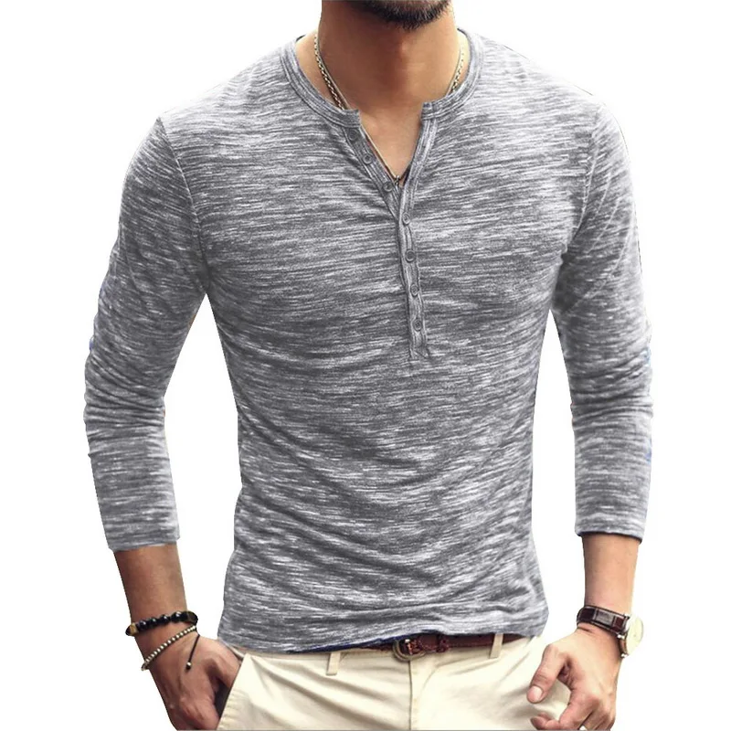 Мужская футболка с v-образным вырезом и длинным рукавом, стильная тонкая футболка на пуговицах, осенняя Повседневная Ретро однотонная мужская одежда размера плюс 3XL - Цвет: Gray2
