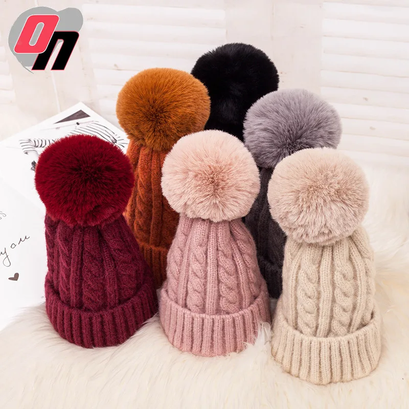 

New Style Winter Hat Thick Warm Linen Flower Color Wool Cap Europe And America Hot Sales Furry Ball Knitted Hat