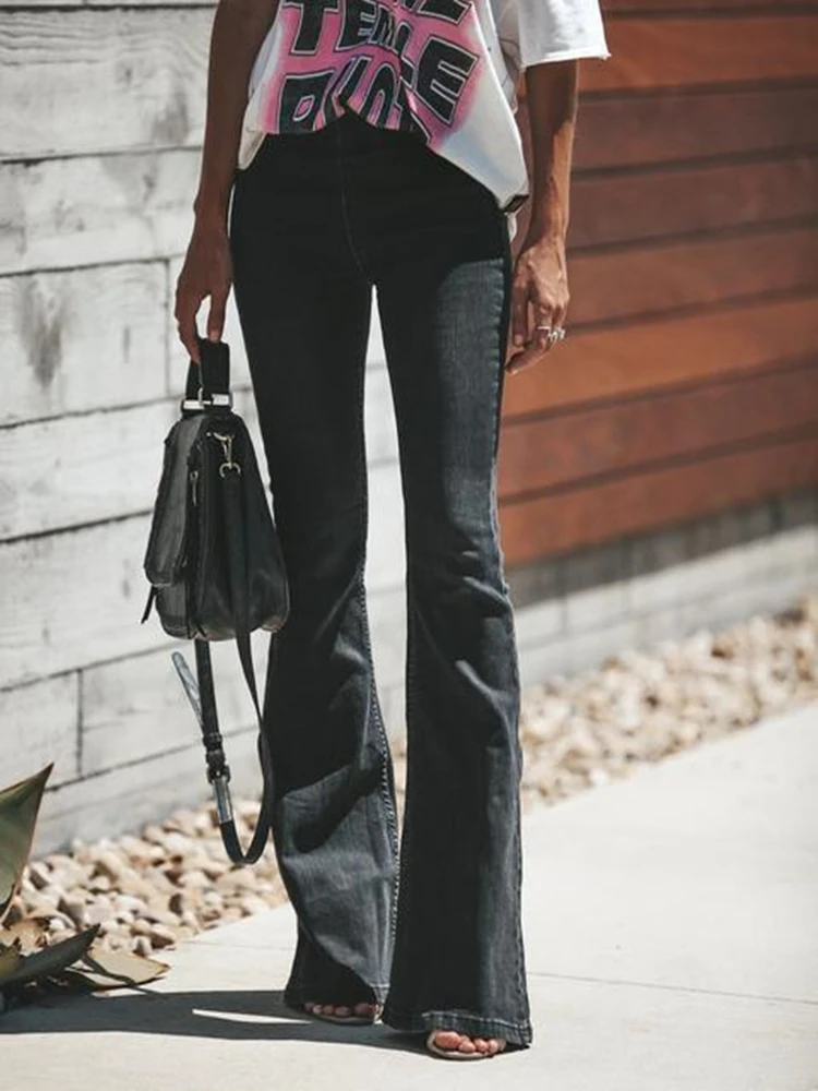 Джинсы с высокой талией женские черные джинсовые Стрейчевые однотонные повседневные расклешенные широкие эластичные длинные брюки с колокольчиком новые 0125
