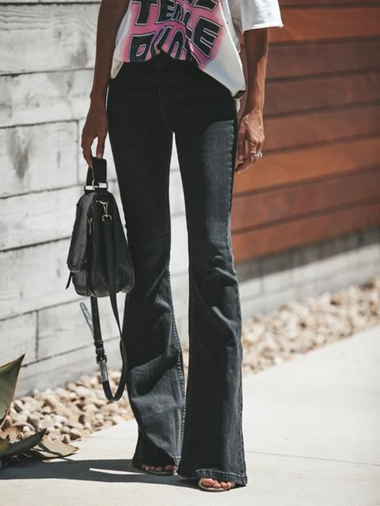 

High Waist Jeans Woman 2019 Black Mom Denim Stretch Solid Casual Flare Wide Leg Bell Bottom Elastic Long Trousers Pants New 0125