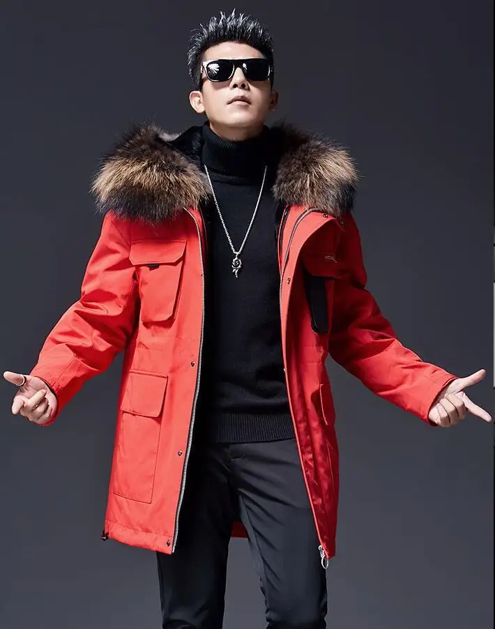 New Men's Raccoon Fur Collar Winter Parka Real Wool White Duck Jacket Male Winter Coats Red man jackets