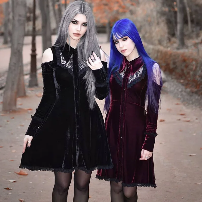 

Lolita Princess Clubwear Dress 2019 Autumn Off Shoulder Lacework Hollow Out Halloween Outfits Preppy Dark Velour Mini Dress