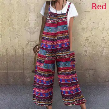 

VONDA Women Jumpsuit Calf-Length Romper 2020 Summer Wide Leg Pants Plus Size Casual Pockets Playsuits Vintage Print Overall