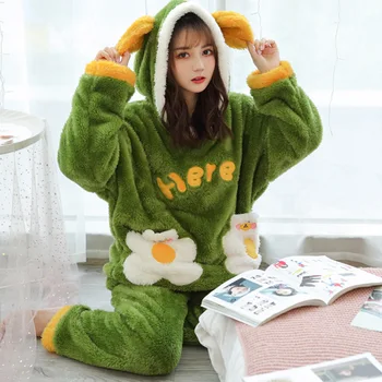 

2020 Warm Flannel Pajamas Set For Women Sleepwear Cartoon Animal Pyjama Women Full Sleeve Nightwear Top+pants 2pcs Home Clothes