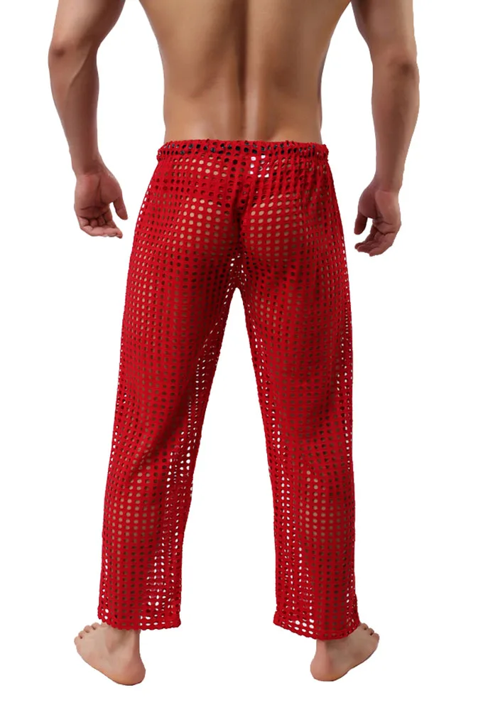 Men's Fashion Sexy Transparent Mesh Pants Drawstring Breathable Trousers Fashion Loose Casual Pajama Pants
