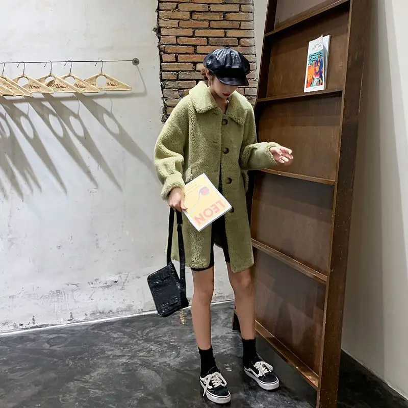 avocado green Осенне-зимнее женское меховое пальто из натуральной овечьей шерсти, однотонное пальто с отложным воротником, оторочка из овечьей шерсти, верхняя одежда, куртки Z123 - Цвет: avocado green