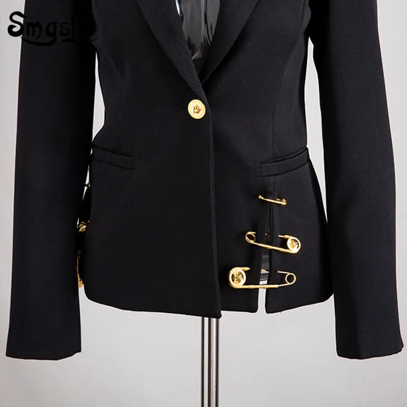 Свободный крой Черный выдалбливают булавка сплайсинга куртка лацкане с длинным рукавом Женское пальто мода прилива осень зима