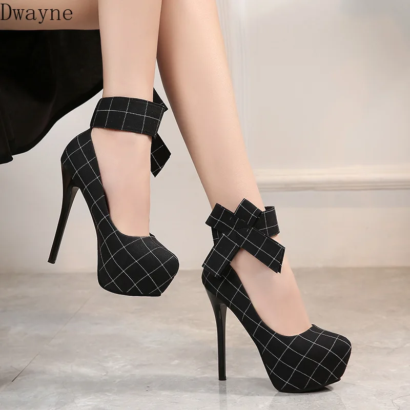 

14cm super high heel elegant women shoes 2018 new waterproof platform high-heel single shoes checkered cloth bow sexy high heels