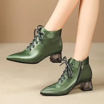 

MLJUESE 2020 women ankle boots silk lace up letters pointed toe winter short plush high heels women boots size 42 party dress