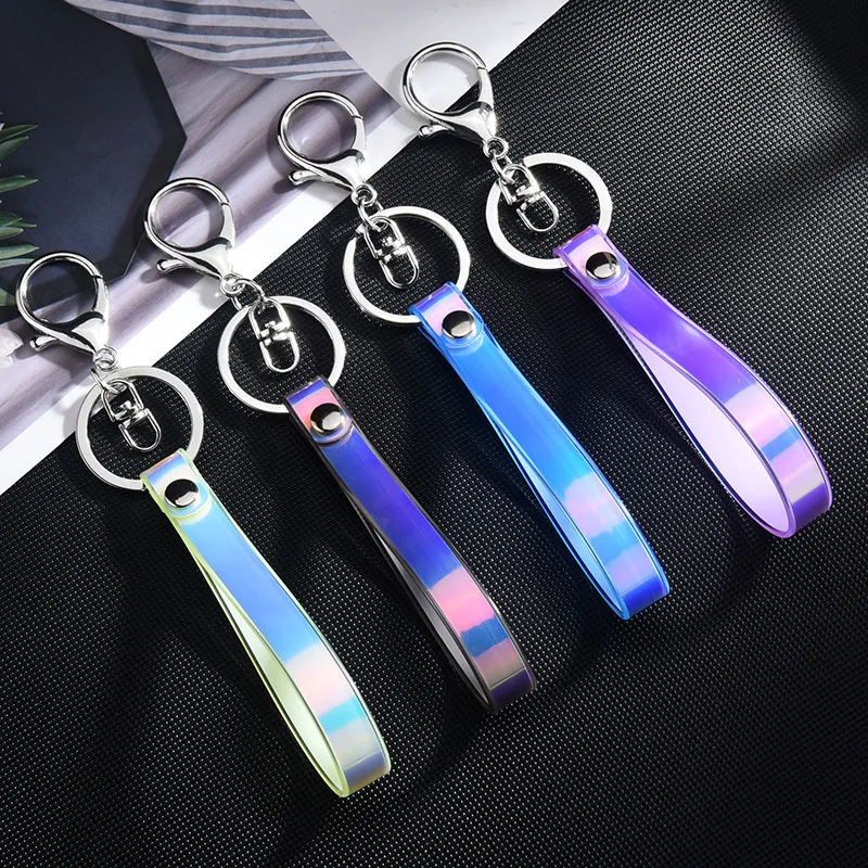 

PVC magic color rope Keychain glossy bright leather cord Hanging buckle laser soft rubber lanyard for Key USB U disk Accessories