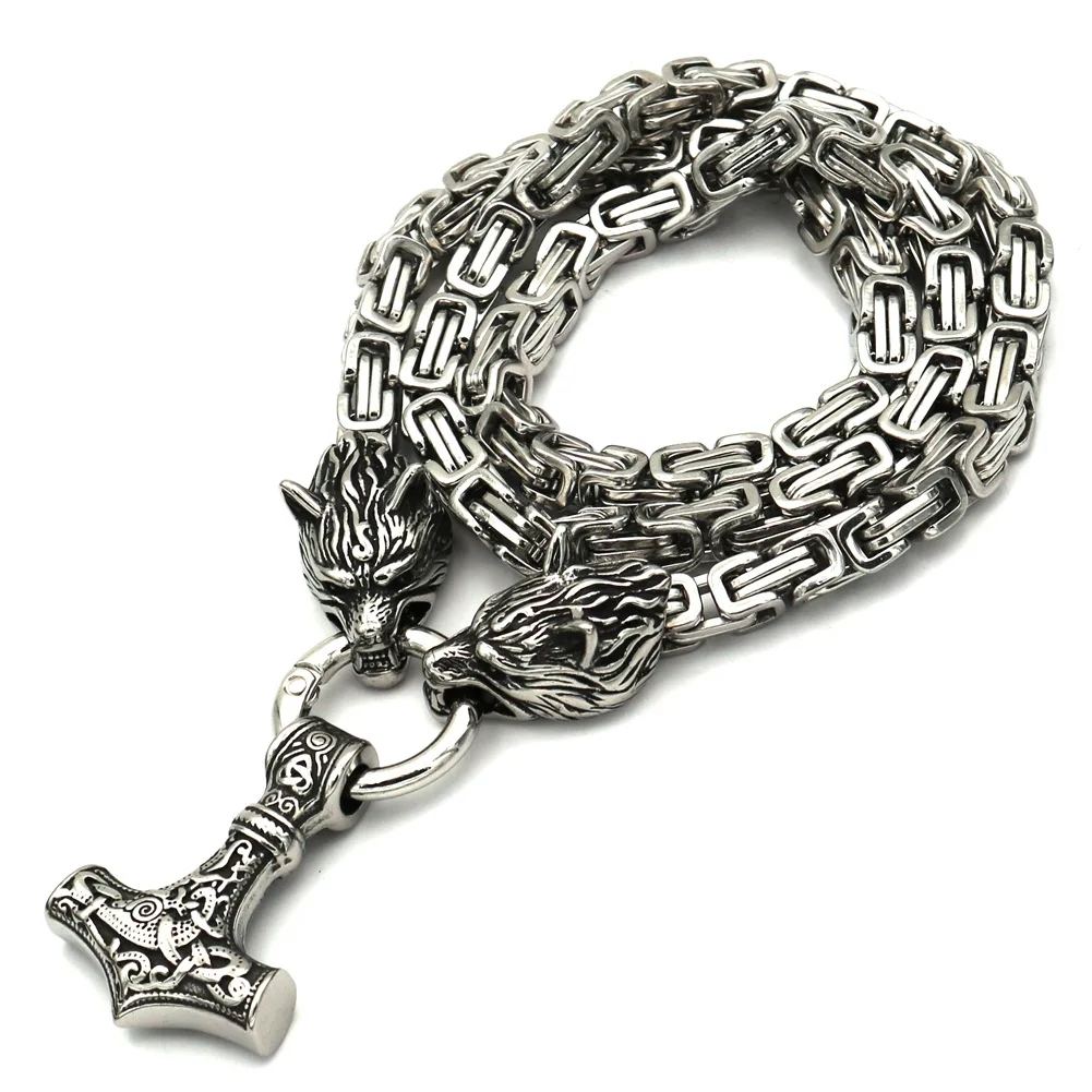 nordic-viking-quake-hammer-men's-wolf-pendant-necklace-handmade-chain-80cm-silver-edc-self-defense-stainless-steel-neck-lace