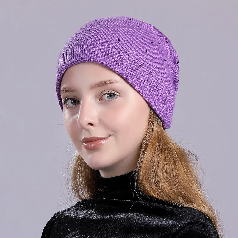 Purple Бренд стразы шапка бини для Для женщин весенние шерстяные однотонные сапоги высотой выше колена вязаные круглые шапки без полей для дамы Повседневное PU искусственного меха, теплые головные уборы Skullies Кепки - Цвет: Purple