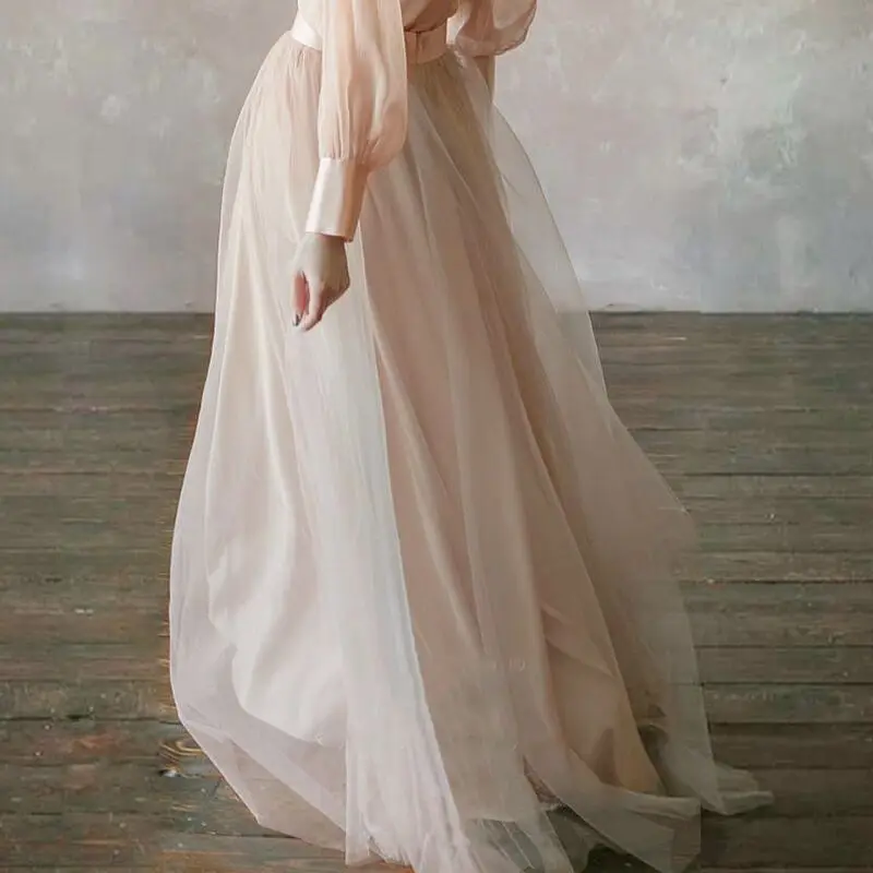 Vestidos de noiva/Тюлевое платье для выпускного бала; вечерние платья принцессы цвета шампанского с длинными рукавами; вечерние платья макси из двух предметов; торжественные платья