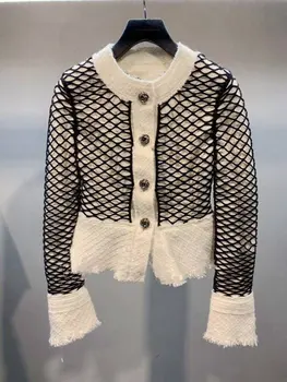 

Women Jacket 2019 Autumn and Winter Woolen Coat Mesh Stitching Single Breasted Cardigan
