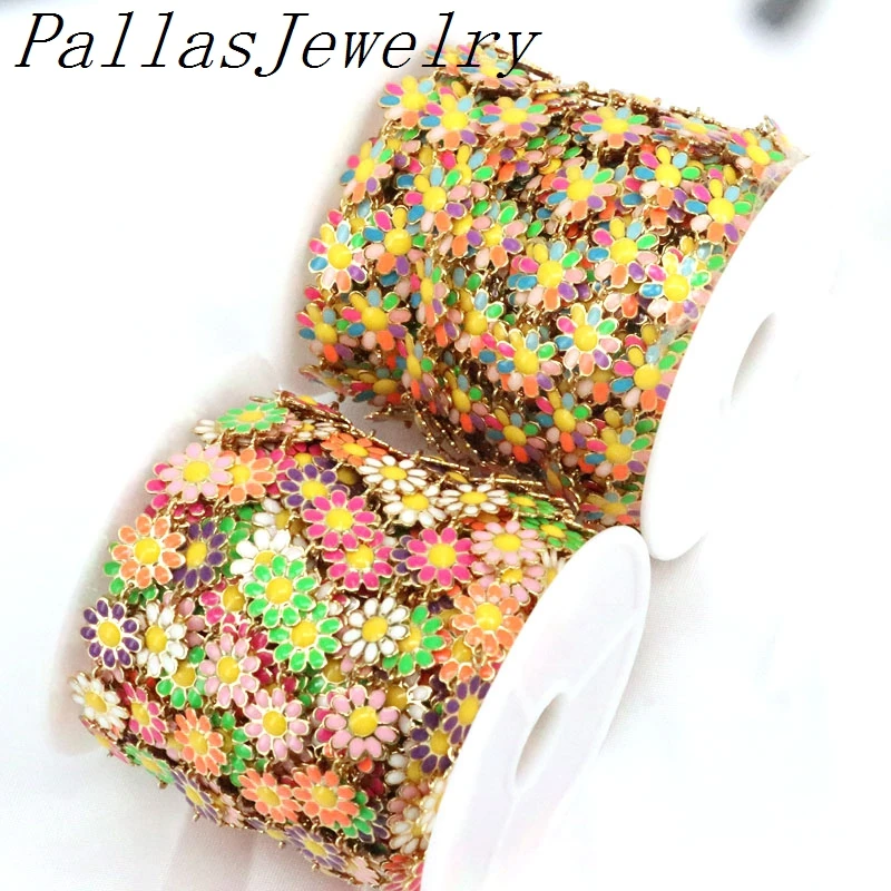 

5Meters, Rainbow Enamel Flower Chains, Dripping Oil Brass Designer Chain 10mm, DIY Floral Link Chain Findings