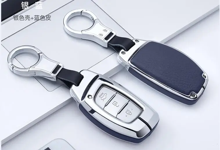 Silver Blue Цинковый сплав+ натуральная кожа чехол для ключей автомобиля для hyundai Verna Sonata Elantra Tucson Auto Creta I10 I20 Santa Fe - Название цвета: Silver Blue
