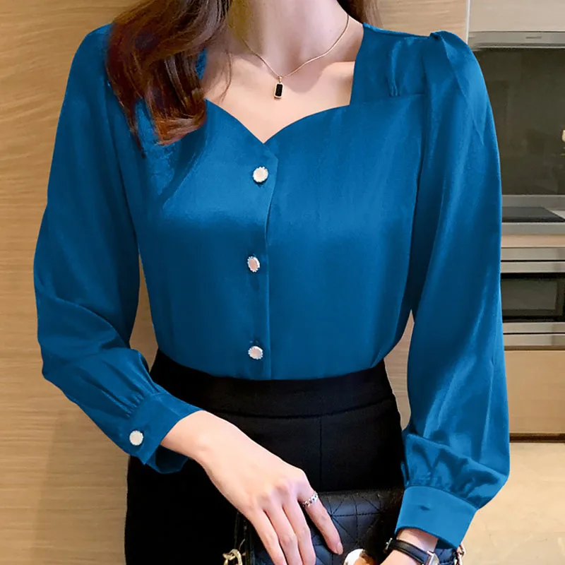 Long Sleeve Satin Shirt Women's Bubble Sleeve Square Collar Red Blue White Blouse and Tops Women Vintage Button Up Shirts 1537