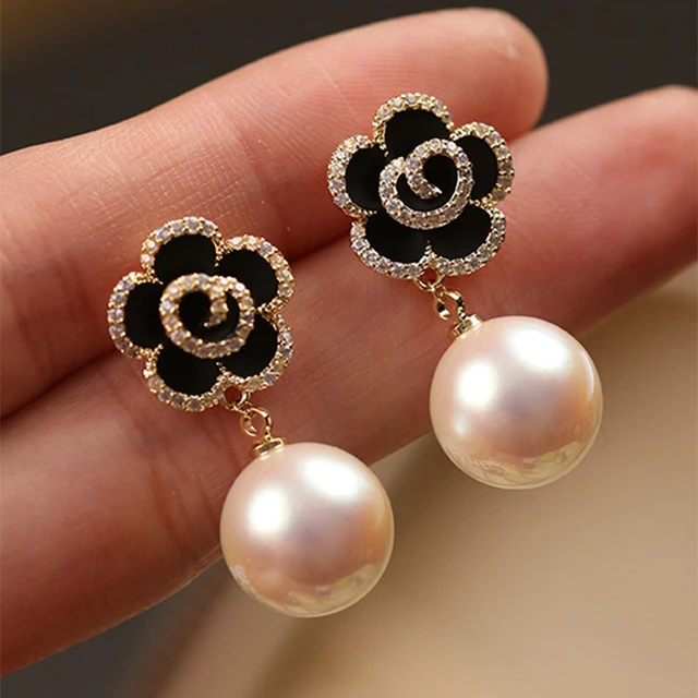 Rose Flower Pearl Stud Earring for Women Red Cute Vintage Imitation Pearl  Zircon Autumn Winter Earrings Party Wedding Jewelry