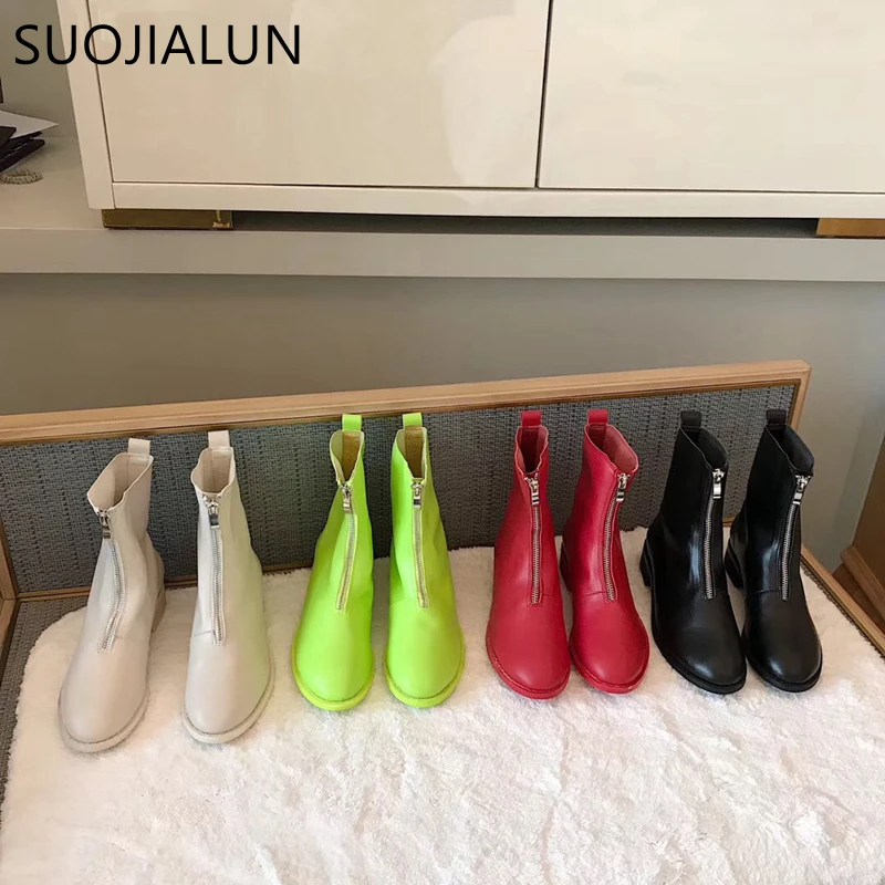 

SUOJIALUN 2019 New Brand Women Boots British Style Zipper Martin Boots Flat Heel Round Toe Colorful Brand Zipper Boots